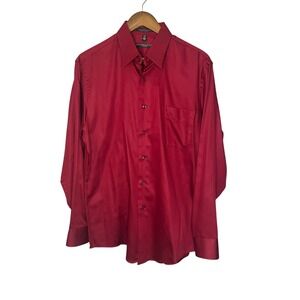 Geoffrey Beene Mens Fitted Button Down Long Sleeve Red Sateen Large 16 1/2 34/35
